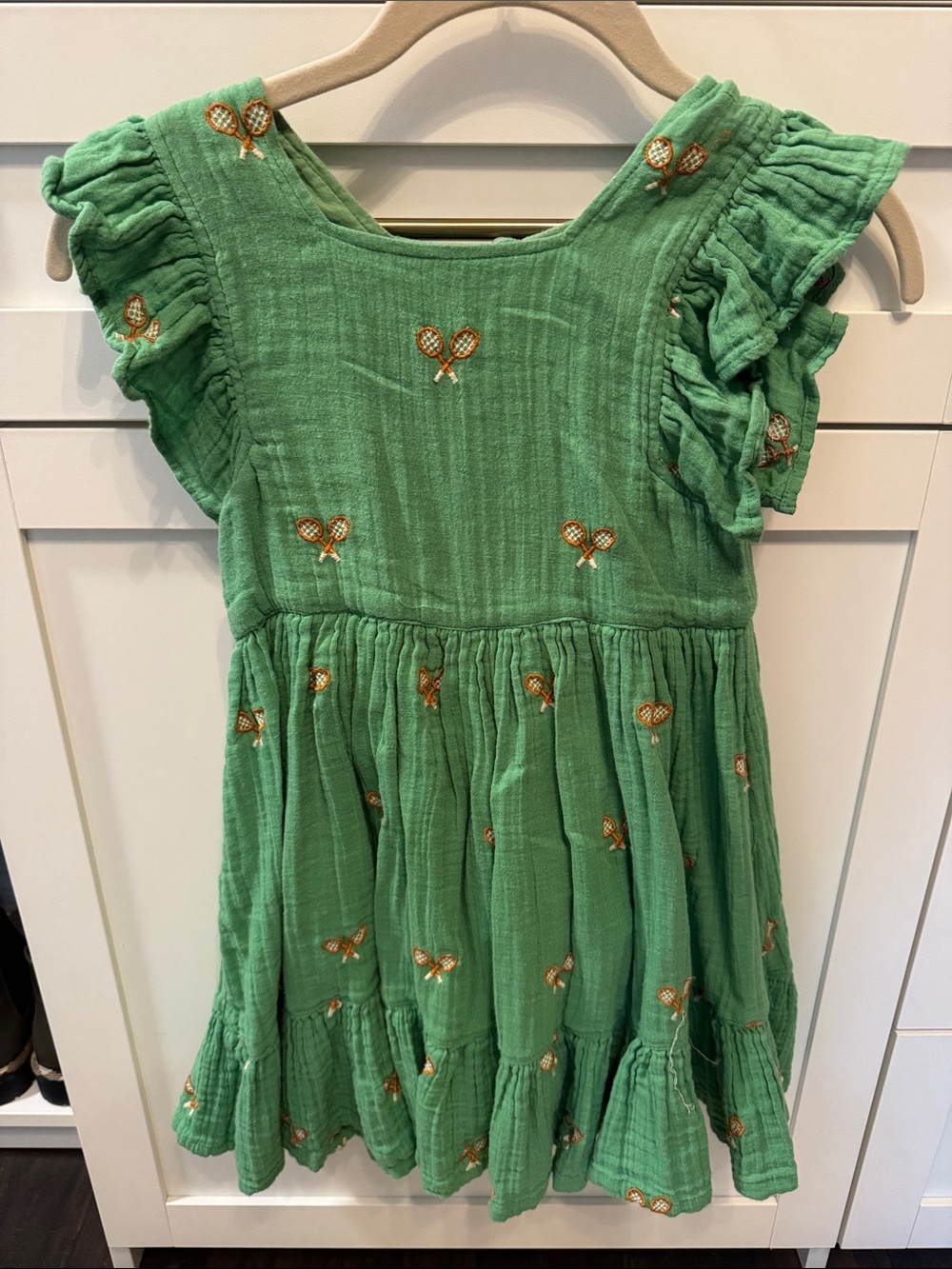 Pink Chicken Green Ruffle-Sleeve Embroidered Tennis Dress